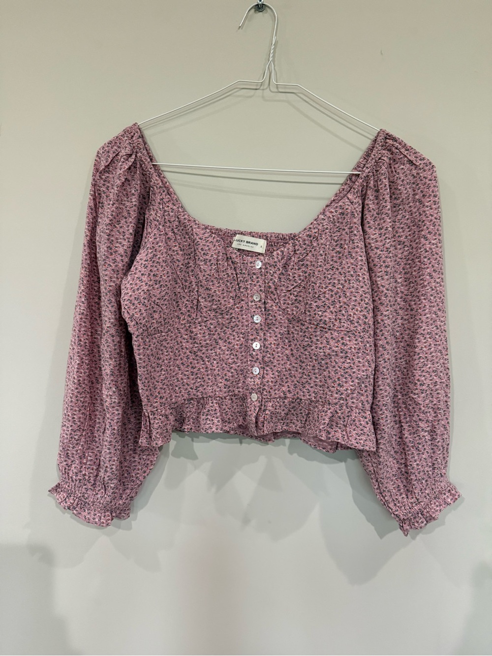 Lucky Brand Mauve Floral Button-Front Cropped Peasant Top